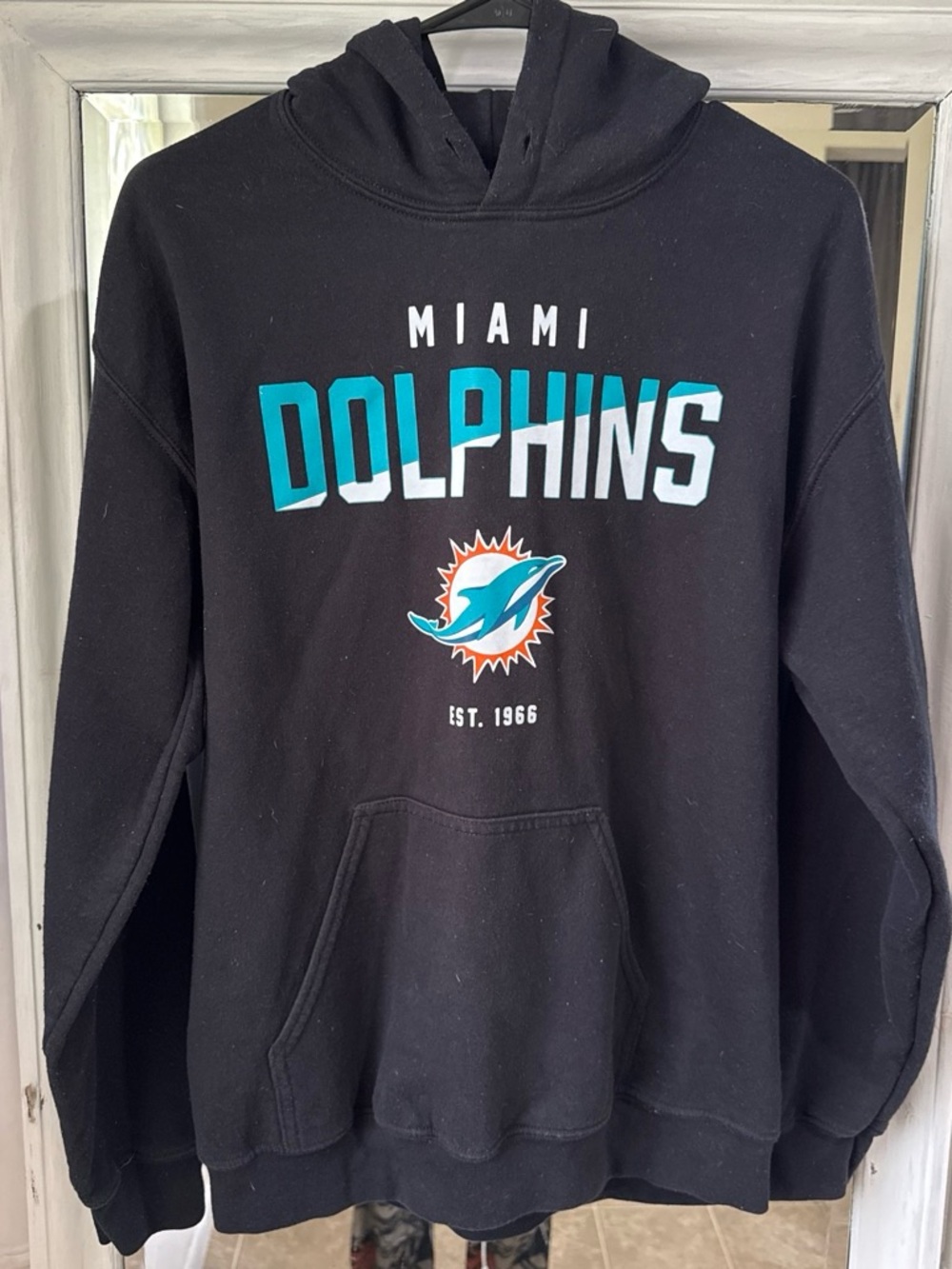 NFL Black Miami Dolphins Pullover Hoodie with Teal and Orange Logo